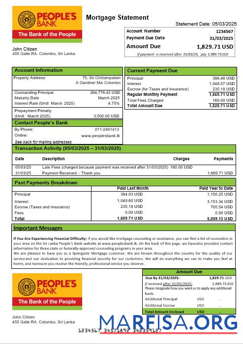Printable Sri Lanka People’s Bank mortgage statement in Word and PDF formats sample